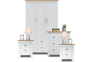 Blisswood 4 Piece Bedroom Furniture Set, 3 Door 2 Drawers Wardrobe, 2+2 Storage Drawer Chest Of Drawers, 2x (2 Drawers Bedside Cabinet) Modern Bedroom Furniture Storage Sets, White & Oak