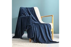 Exclusivo Mezcla Large Flannel Fleece Throw Blanket, 127x178 CM Sofa Throws, Soft Jacquard Weave Wave Pattern Throws for Sofa, Navy Blue Blanket
