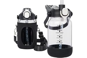 Seekua 1l Trinkflasche Glas Flasche mit Strohhalm & Zeitmarkierung, 1 liter Wasserflasche mit Früchteinsatz & Schutzhülle für Smoothie, Früchte, Kohlensäure geeignet