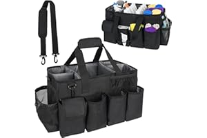 IVODEELA Cleaning Caddy Bag with Handle,XXL Cleaning Organiser,Multifunctional Cleaners Caddy Bag with Four Detachable Thick Dividers,An Adjustable Shoulder Straps for Cleaning Supplies,Home,Car,Garden,Black