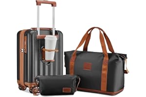 Joyway Koffer Trolley Reisekoffer Set, Hartschale Handgepäck Koffer mit Getränkehalter 4 Rollen TSA-Schloss Der Kofferset, Schwarz Braun