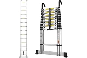 SIMPDIY Telescopic Ladder 4.1M Aluminium Extension Extendable Loft Ladder with Stabilizer Bar and Detachable Hooks, Portable Folding Ladders