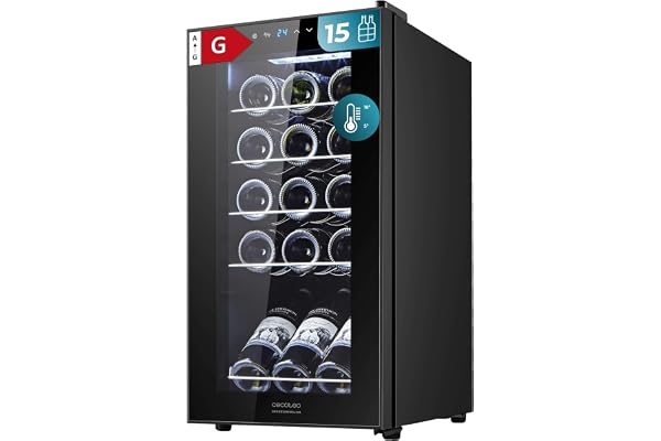 Cecotec Cave à vin Bolero GrandSommelier 1550 Black Compressor. Cave à vin noire, 15 bouteilles, compresseur, température réglable 5-18°C, panneau tactile.
