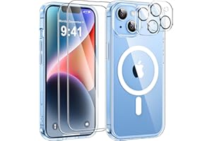 YisrLery Magnétique Coque pour iPhone 14 avec 2 Verres Trempés et 2 Caméra Protecteur, Compatible MagSafe Dos Anti Rayures Coque Antichoc TPU Bumper Coque iPhone 14 6,1’’-Transparent