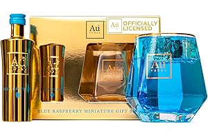 BEAMS INTERNATIONAL Au Vodka Gift Set - Blue Raspberry Flavoured Vodka 5cl Miniature & Diamond Cut Gold Glass - Official Licensed - Christmas, Birthday Gifts for Men and Women - Handcrafted In The UK, Alcohol Gift Set