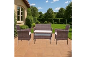 XEO HOME Rattan Garden Furniture Set 4 Pc Table and Chairs 4 Piece Indoor Outdoor Balcony Patio and Conservatory Furniture Sofa Backyard Pool Side Coffee Seater (Brown)