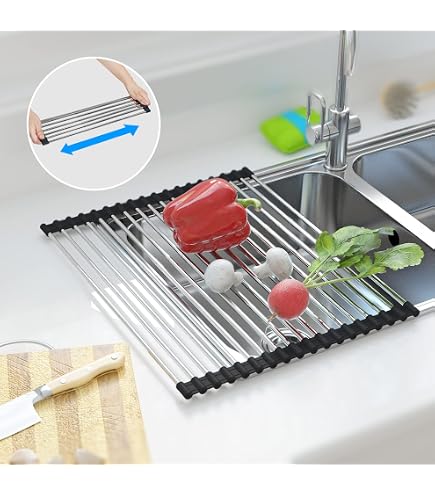 Scolapiatti Arrotolabile Da Cucina Sopra Il Lavello: Pieghevole In Silicone E Acciaio, Antiscivolo, 52x33 Cm, Bianco