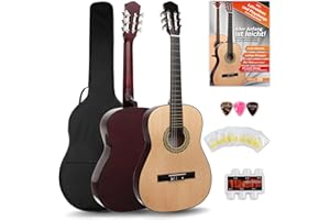 Classic Cantabile AS-851 7/8 Konzertgitarre Starter Set (Komplettes Anfänger Set mit Klassik Gitarre, Gigbag Tasche, Nylonsaiten, Lehrbuch/Schule, 3x Plektren und Stimmpfeife)
