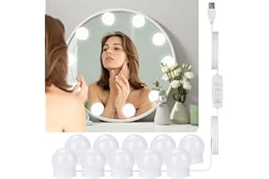 GLUROO Luci per Specchio da Trucco, Luci da Specchio Hollywood con 3 Modalità Colore, 10 Lampadine Dimmerabili, Alimentato Tramite USB, Make Up LED per Tavolo da Toeletta