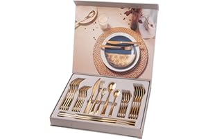 ‎OTTO KONING Sztućce złote na 6 osób, 30-częściowy zestaw sztućców w pudełku na prezent i nożem do steków. Z powlekanej tytanem i polerowanej na wysoki połysk stali szlachetnej Nowoczesne sztućce na 6 osób