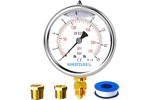 HANSFELDS Manomètre Hansfeld 0–16 bar/psi, cadran 63 mm, rempli de liquide, montage inférieur BSP 1/4 pouce, intérieur et montage en laiton, précision 1,6, inclut 2 réducteurs vers 3/8" et 1/2".
