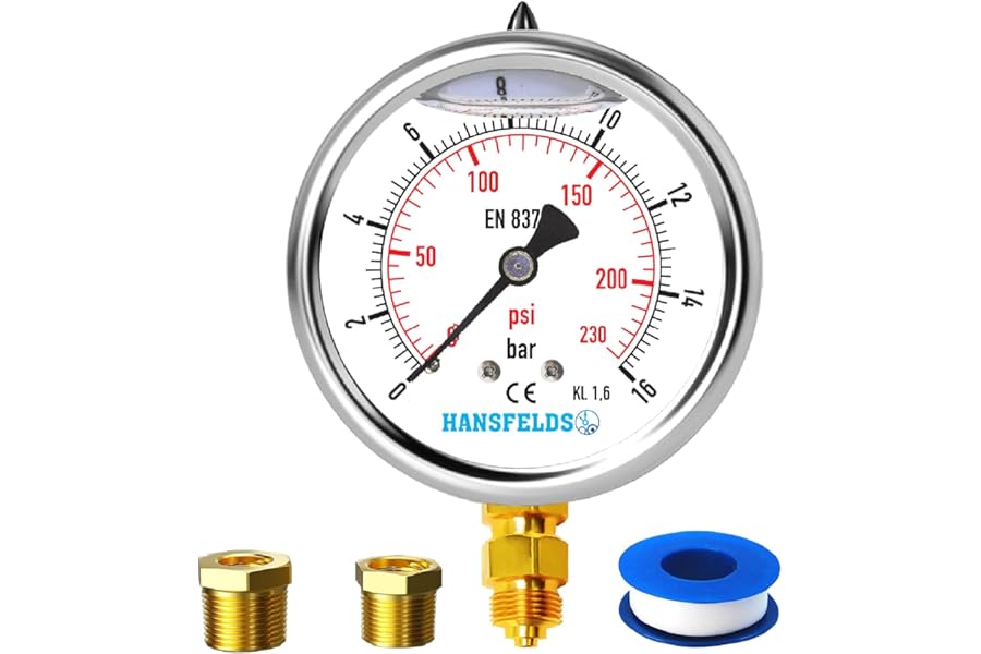 Hansfelds Pressure Gauge 0–16 bar/psi, 63 mm Dial, Stainless Steel Case, Brass G1/4" BSP Bottom Connection, Liquid Filled (Glycerin Filled), Accuracy 1.6, incl. 2 Reducers to 3/8" and 1/2"
