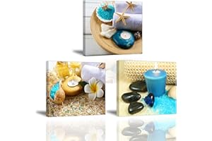 Piy Painting 3X Impression Contemporain sur Toile Spa Yoga Peinture en Bleu Bougie Pierre de médecine Tableaux Home Déco, Impermeable, Prête à Poser, Mur Art pour Cuisine Salle Bain 30x30cm