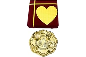 GAVYA INTERNATIONAL Brass Pooja thali Set Laxmi Ganesh shubh labh for Diwali Pooja Home temple Mandir Navratri Laxmi Pooja Thali puja plate set of 5 pcs housewarming red Velvet Box Heart Size- 8.5 inch