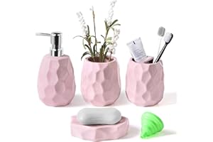 BWSZROSA Badezimmer-Zubehör-Set, 4-teiliges Badezimmer-Zubehör-Set, Lotion-Seifenspender, Seifenschale, Zahnbürstenhalter, Zahnputzbecher, Badezimmer-Organizer für Moderne Badezimmer (Rosa)
