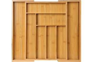 Pipishell Organizer Cassetti Cucina, Portaposate da Cassetto, Vassoio Regolabile per Posate, Stoviglie e Coltelli - Espandibile e Multiuso in Bambù