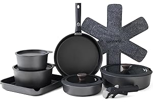 SENSARTE Set de Casseroles et Poêles 17 Pièces - Revêtement Granit Antiadhésif Sans PFOA - Batterie de Cuisine pour Induction/Gaz, Poignées Amovibles, Empilable et Lavable Lave-Vaisselle