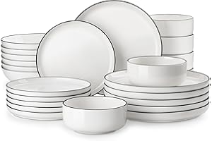 MALACASA Série LUNA Service de Vaisselle Rond 24 Pièces en Porcelaine pour 6 Personnes avec Assiettes Plates, Assiettes à Salade, Assiettes Creuses, Bols, Service de Table Blanche avec Bord Noir