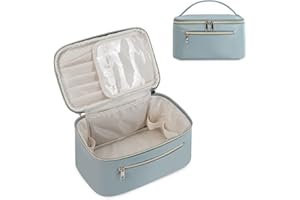 Wandering Nature Kosmetyczka damska, podróżna kosmetyczka, duża torba na kosmetyki z kieszenią na szczotki, ze skóry PU, przenośna kosmetyczka, Szaro-niebieski