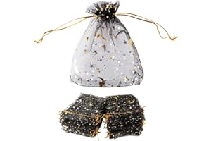 FAVORTALK 30 Pcs Organza Bags Moon Stars Pattern Gift Bags Black Color Party Wedding Favour Bags Jewelry Drawstring Pouches Candy Mesh Bags, 110x160 mm/ 4.3 x 6.3 inches (Black)