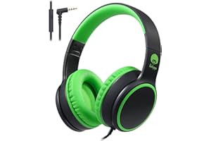 Rockpapa E9W Kids Headphones, Wired Headphones with Microphone for Kids, Adjustable Headband, Foldable Headphones for Travel/PC/Mac/Laptop/Phone (Black Green)