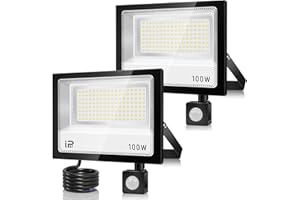 VRFMALIY Foco LED con Sensor de Movimiento 100W 2 Paquete,10000LM 7000K Proyector LED Exterior,IP67 Impermeable Super Brillante Blanco Frío Luz de Seguridad,Foco LED Detector Movimiento para Patio,Garaje