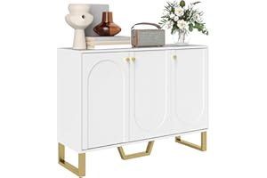 HOMCOM Aparador 3 Puertas Aparador para Salón Moderno con Estantes Ajustables y Patas Doradas para Comedor Entrada Mueble para TV hasta 50 Pulgadas Blanco 106,5x35x77,5 cm