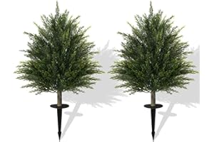 VITALISMO Set of 2 Artificial Cedar Topiary Ball Tree with Ground Spike, Indoor Outdoor Decorative Faux Shrub Bushes Plants Fake Greenery Cypress for Front Porch Garden Patio Home Office