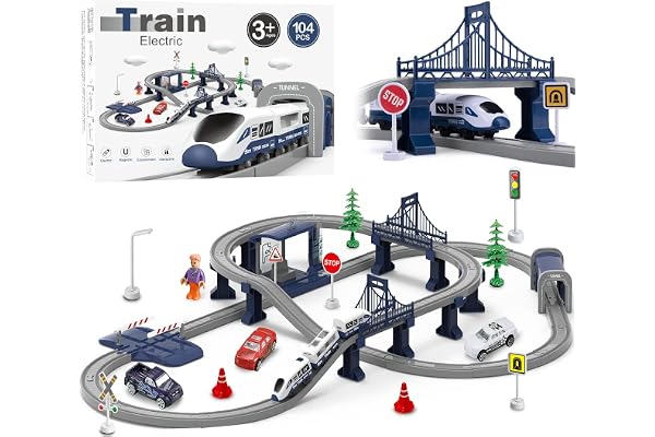 Wdmiya Train Électrique pour Enfants de 3 4 5 6 7 8 Ans,Circuit Flexible avec 104 Pièces, Véhicules de Construction et Vaisseau Spatial,Jeu de Piste Éducatif pour Noël ou Anniversaire(104pcs)
