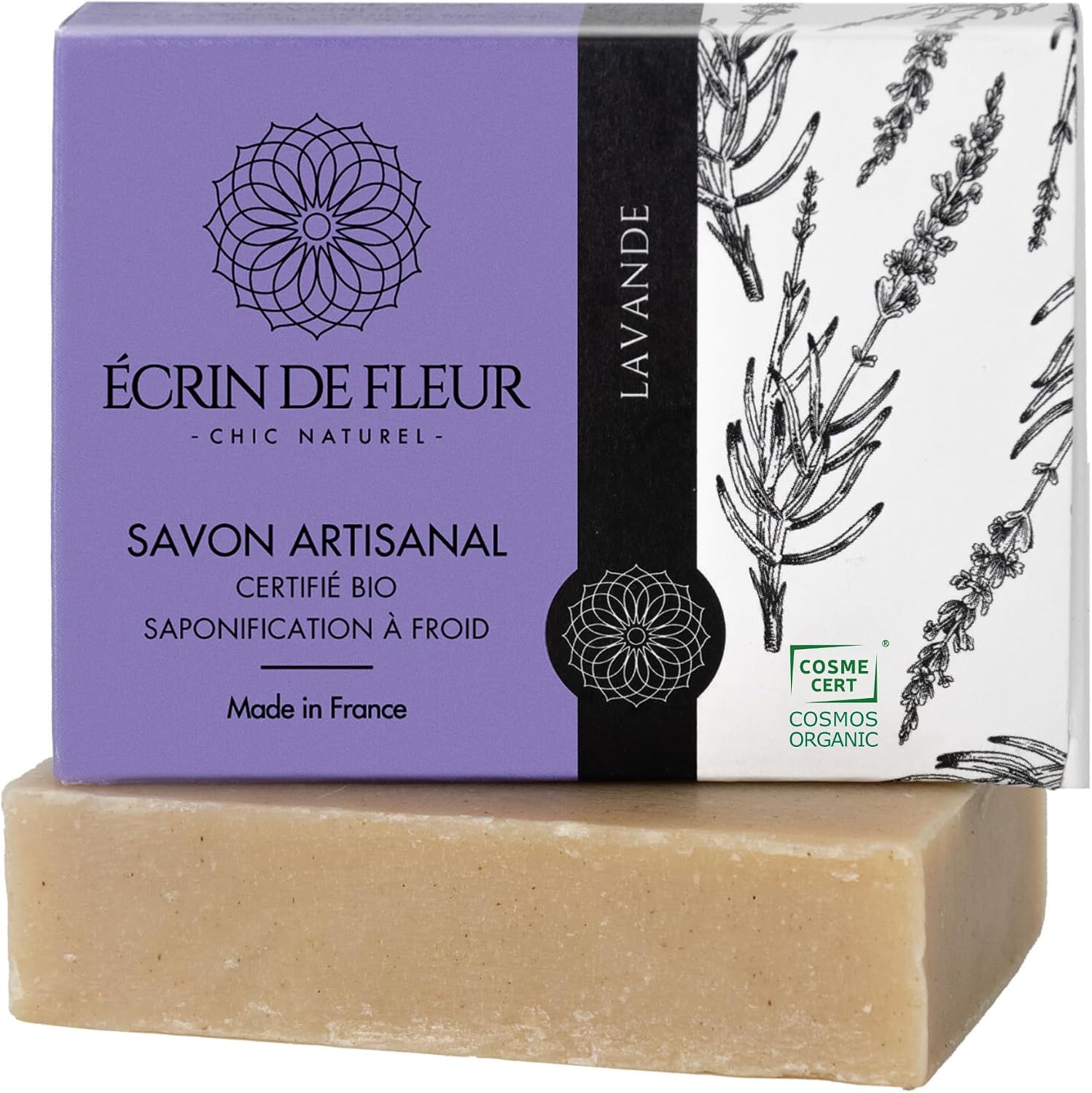 Écrin de Fleur – Jabón de Lavanda para Todo Tipo de Piel, Certificado COSMOS Organic y Nature et Progrès, Artesanal en Francia, Aceites Esenciales de Lavandín y Lavanda, 90g