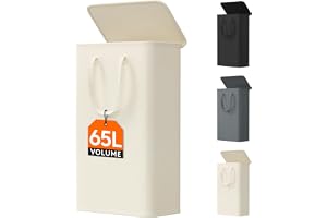 Lifewit 1 Piece Narrow Dirty Clothes Basket with Lid 65L, White Foldable Dirty Clothes Bin with Extended Handles, Space-Saving Laundry Hamper for Bedroom, Bathroom, Laundry Room