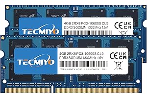 TECMIYO 8GB Kit Memoria RAM DDR3 (2x4GB) PC3-10600S DDR3 1333MHz SODIMM RAM CL9 204 Pin 1.5V Non-ECC Unbuffered Laptop Memory Notebook RAM Module