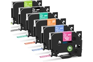 MarkField 6X Compatible Label Tape Replacement for Brother P-Touch TZe TZ 0.47in 12mm x 8m Laminated White Colorful for Ptouch Label Maker Refills PT-900 1000 H100LB H105 H107 H200 Cube D200