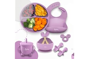 BABIES OF HEAVEN BabiesofHeaven COFFRET REPAS BEBE COMPLET [10 pièces], Assiette Ventouse Silicone Antiderapant avec Compartiments et Couvercle, Ventouse Bol, Bavoir, Cuillère, Fourchette, Vaisselle Enfant Set (Rose)