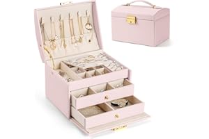 Aidodo Caja Joyero, Joyero 3 niveles, Caja de Joyería de cuero PU, Joyero Creativo, Aretes, Anillo, Collar, con Cerradura y llave, Regalo Creativo, Rosa Nude