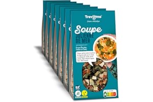 Trevijano Soupe Julienne de Mer: 7 sacs de 100g chacune (700g de légumes déshydratés). Barquette: 8 portions de légumes: carotte, panais, poireau, algue wakame, oignon, chou,céleri et persil.