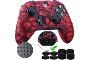 9CDeer Studded Protective Customize Transfer Printing Silicone Cover Skin Sleeve Case + 8 Thumb Grips Analog Caps for Xbox One/S/X Controller Skull Red Compatible with Official Stereo Headset Adapter