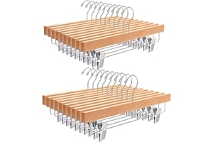 ‎AMBER HOME Amber Home 20 Stück 35,5cm Natürliche Kleiderbügel aus Holz, Robust und Glänzend Hosenbügel Aufhänger für Hosen Shorts Rock Socken Unterwäsche, mit rutschfest Clips und Drehbar Haken