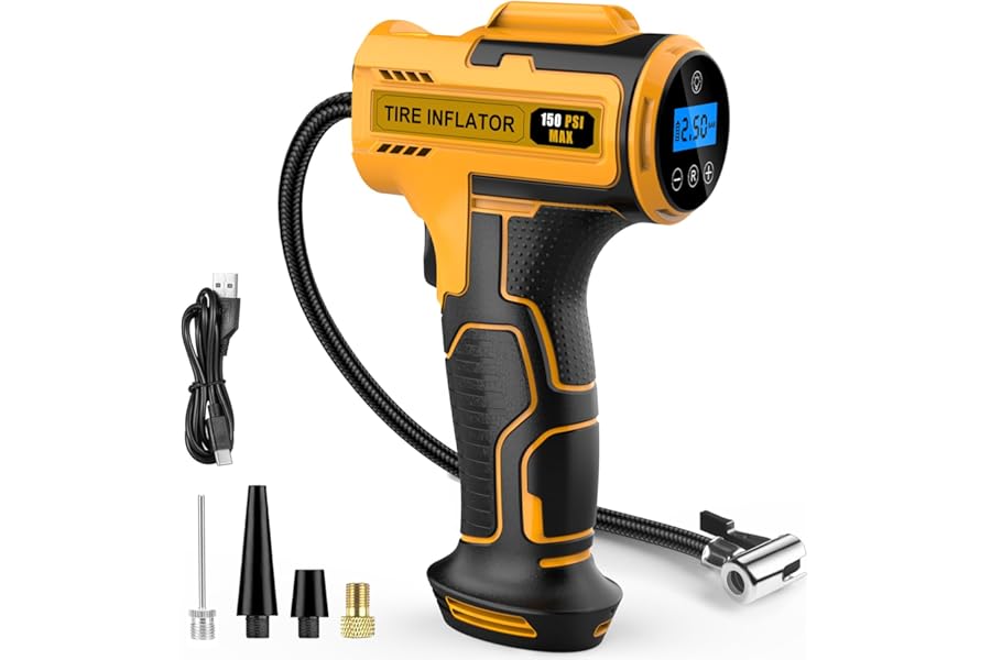 Hjh Car Tyre Inflator Air Compressor, USB Rechargeable Battery Car Tyre Pump, 150PSI Portable Cordless Tyre Inflator with LED Light for Motorcycle Bike Ball