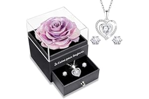 Sunia Rose Eternelle avec Bijoux Argent 925,Collier Coeur Boucles d'oreilles,Coffret Cadeau Femme,Rose Préservée avec Collier,Cadeau Anniversaire Femme,Amour Cadeau,Fete des Meres,Noël,Saint-Valentin