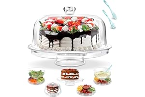 Zvonema Patera na tort, patera na tort z pokrywką, 6 w 1, wielofunkcyjny talerz na ciasto z nóżką i pokrywką, przezroczysta, okrągła patera na tort, 31 cm, wysyłaj 2 łyżki