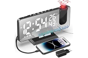 TAKRINK Despertador de Proyección Radio Despertador con Proyector de Techo Reloj Despertador con Radio FM Humedad Temperatura 2 Alarmas Brillo LED Ajustable Puerto de Carga USB Reloj Digital