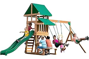 Backyard Discovery Belmont Swing Set | Outdoor Wooden Playhouse for Kids, Garden Playground for Children 2 Belt Swings, 8 ft. Slide, Rock Climbing Frame, 100% Cedar Wood | For 3+ Year Olds