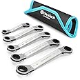 DURATECH Offset Ring Ratchet Spanner Set, Reversible Double Ring Ratchet Spanner Set, 25-Degree Offset Ratchet Box-end Wrench Crooked for Narrow Spaces, 5-Piece, Metric, 6mm-21mm, with Carry Pouch