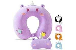 ‎CIRORLD Cirorld Nackenkissen Kinder Memory Foam Tier Reisekissen Flugzeug Niedlich Kinder Reisekissen U-förmiges Memory Schaum Nackenkissen Erwachsene für Auto Zug (lila Einhorn, 3-8 Jahre alt)