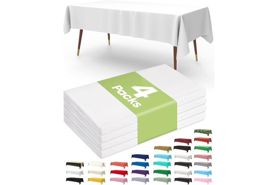 Pureegg Plastic Table Cloth Disposable 4 Pack, 137 x 274 cm Table Cloths for Parties, Decorative Tablecloths for Rectangle Tables, White Plastic Cover, Leakproof & Sturdy, White