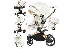 Magic ZC 360° Rotación Cuero PU Carrito Bebe 3 en 1, Carro 3 Piezas con Asiento Convertible Giratorio 360°, Carricoche Bebe Plegado con Un Solo Clic, Cochecito Tres Piezas (906 White)