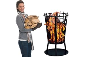 Robuster Feuerkorb Feuerstelle Eisen 61x40 cm Feuerschale mit Funkenschutz und Bodenplatte & HLKauf-Block – Ideal für Lagerfeuer, Garten & auf der Terrasse