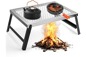 Anbte Folding Campfire Grill, 41 cm x 18 cm Heavy Duty Steel Mesh Grate Chrome Finish with Folding Legs, Portable Campfire Cooking Equipment, for Camping Outdoor BBQ Cooking Open Fire, Silver