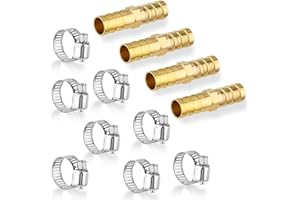 FADBUDSS 4 Pack 10mm Brass Barb Hose Fitting Straight Connector Coupler, Air Hose Connectors Hose Repair Kit, 2 Way Straight Air Hose Fittings with 8 PCS Stainless Steel Pipe Clamps for Water Fuel Air Gas